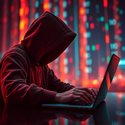 Create a high-resolution digital artwork of a hooded figure typing on a laptop with glowing, colorful binary code in the background, using a Canon EOS R5 camera, 50mm lens, f/1.8 aperture, ISO 200, with a shallow depth of field and soft bokeh effect.