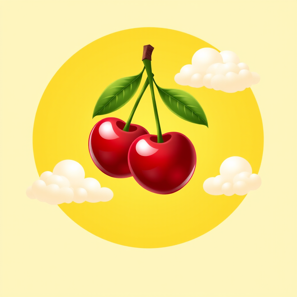 Generate a vibrant illustration of two cherries with green leaves against a bright yellow circular background with fluffy clouds, using a Canon EOS 5D Mark IV at f/2.8, ISO 100, 50mm lens, natural soft lighting, and a slight vignette effect for enhanced depth.