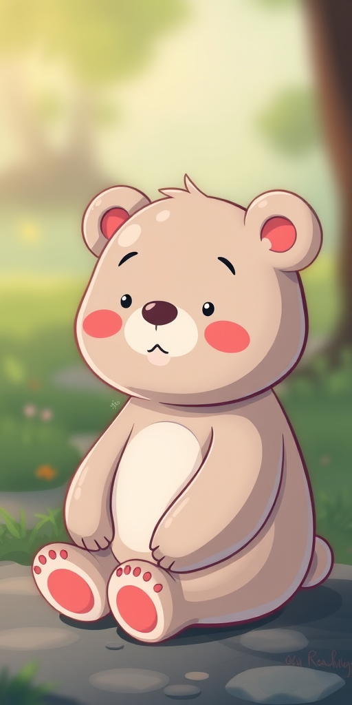 generate a cute cartoon bear character sitting down, soft colors, high resolution, 50mm lens, f/2.8 aperture, ISO 100, soft focus background, digital illustration style, DSLR camera