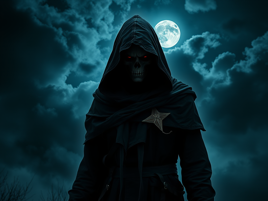 Create a dark fantasy image of a sinister figure with glowing eyes, wearing a tattered hooded cloak, standing in a stormy night setting with dramatic clouds and a full moon, shot with a Canon EOS R5, 50mm lens, f/1.8 aperture, ISO 100, at night for sharp contrast and deep shadows.