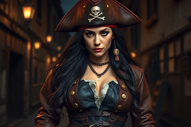 Create a portrait of a fierce female pirate. She wears a leather tricorn hat adorned with a skull and crossbones emblem, and her long, dark hair flows around her face. Her outfit consists of a richly detailed leather jacket, a corset, and multiple layers of belts and accessories, giving her a formidable and stylish appearance. She stands confidently in a dimly lit, historic port town, with a backdrop of weathered buildings and cobblestone streets, capturing the adventurous spirit of a pirate.