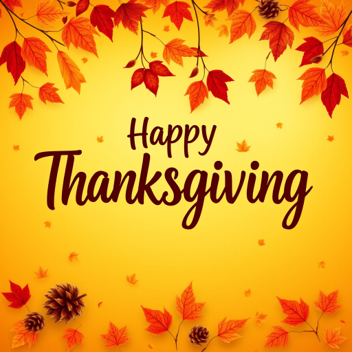 Create a warm and festive autumn-themed image with a gradient background of orange and yellow hues. Include a variety of falling leaves in shades of red, orange, and brown. In the center, display the text "Happy Thanksgiving" in a stylish and inviting font, using a dark brown color for contrast. Add subtle decorative elements like pine cones and additional leaves for a cozy, seasonal feel.