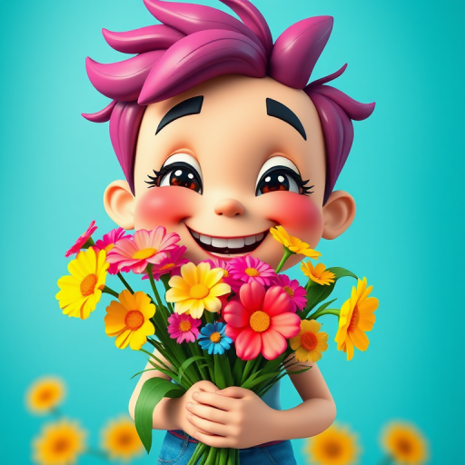 Create a vibrant cartoon character holding a bouquet of colorful flowers, with exaggerated facial features and a playful expression, in a bright and cheerful color palette, captured with a Canon EOS R5, 50mm f/1.2 lens, f/2.0 aperture, ISO 100, in vivid and high contrast style.