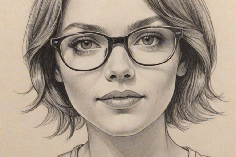 Sublime Amiee Teegarden, pencil sketch, portrait of Charming woman 1971s in glasses, hair style beatnik, outline, clear lines, fine lines, 8k
