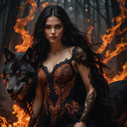 A woman with long dark hair, wearing a black lace dress that seamlessly blends into her skin with intricate floral patterns. She is in the foreground, with a black wolf beside her; its fur is midnight black, and it has glowing, intense, orange eyes that match hers. Her eyes are partially closed with burning embers above them, giving a fiery and mystical aura. The background is engulfed in tall, roaring flames, contributing to an overall dark and supernatural atmosphere. The colors are intense, predominantly black, fiery orange, and deep reds, with sharp contrast highlighting the mysterious and fierce theme. The flames are bright and dynamic, casting dramatic light and shadow, illuminating the woman and wolf while leaving parts in near darkness. The image evokes a sense of otherworldly power and connection between the woman and the wolf.