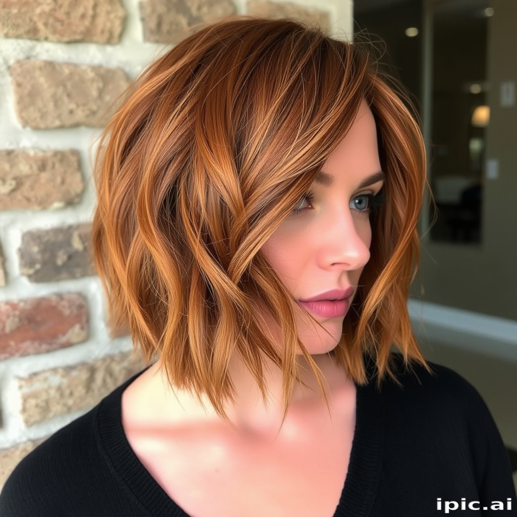 Autumnal copper bob with subtle gold leaf accents, Harvest's hair captures the warmth of fall, with textured layers and face-framing pieces that resemble gently falling leaves