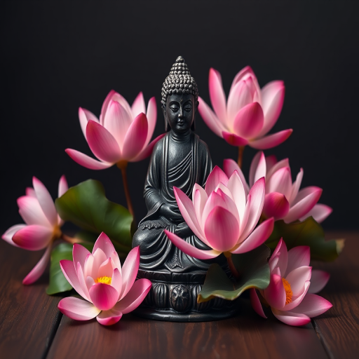 Buddha statue surrounded by pink lotus flowers on a wooden surface with a dark background, shot with a DSLR camera at 50mm lens, f/1.8 aperture, ISO 100, soft focus, natural light.