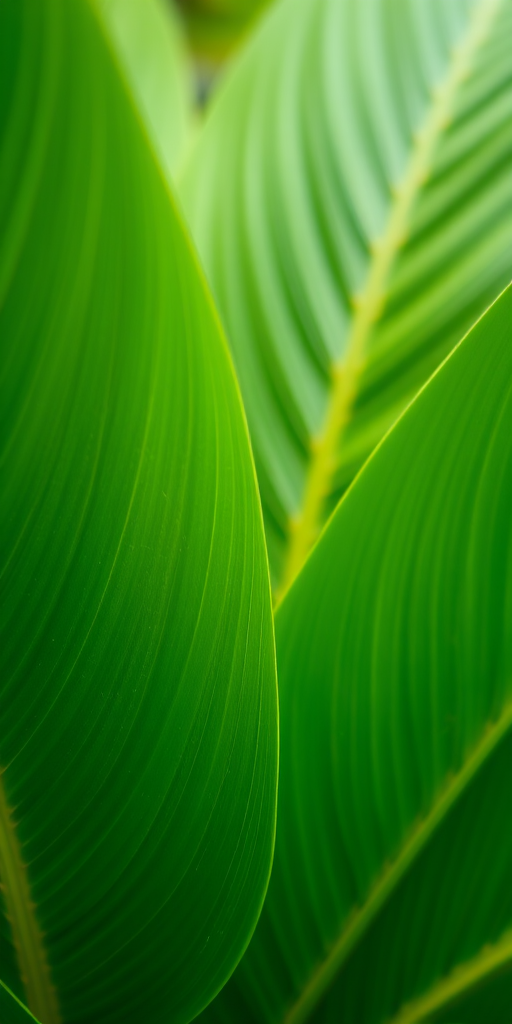 Close-up of vibrant green tropical leaves with detailed texture, shallow depth of field, shot with a DSLR camera, 50mm lens, aperture f/2.8, ISO 100, natural light, soft focus background.