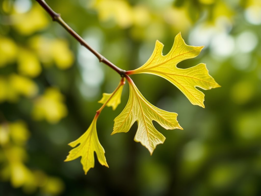 close-up of a ginkgo leaf branch against a blurred background, natural lighting, shallow depth of field, focus on the leaves, camera type: DSLR, camera settings: ISO 100, aperture f/2.8, shutter speed 1/200s, lens: 50mm prime, camera view: eye-level, style: macro photography