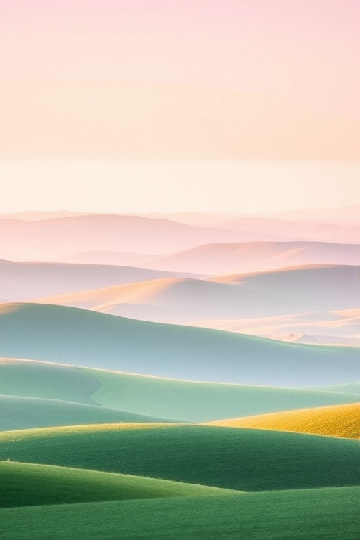 soft pastel landscape with gentle rolling hills, watercolor style, high resolution, ISO 100, f/8 aperture, 50mm lens, natural light, slight overexposure for a dreamy effect