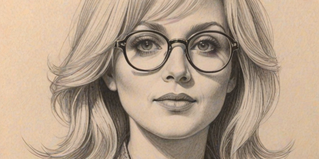 Ravishing Barbara Crampton, pencil sketch, portrait of Charming woman 1972s in glasses, hair style beatnik, outline, clear lines, fine lines, 8k