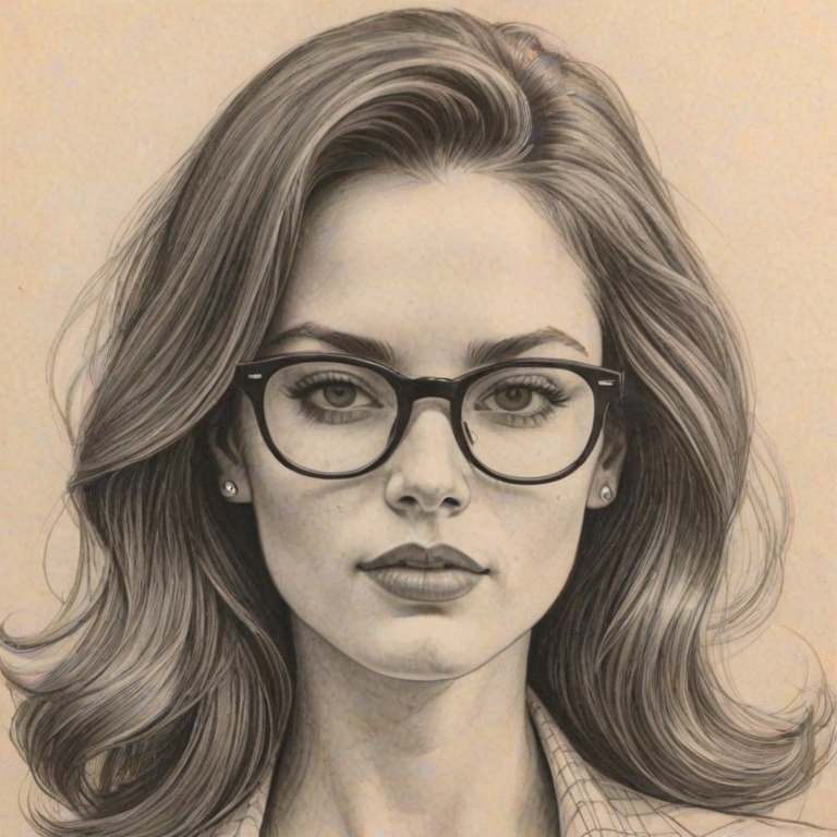 Lovely Barrett Doss, pencil sketch, portrait of Alluring woman 1972s in glasses, hair style beatnik, outline, clear lines, fine lines, 8k