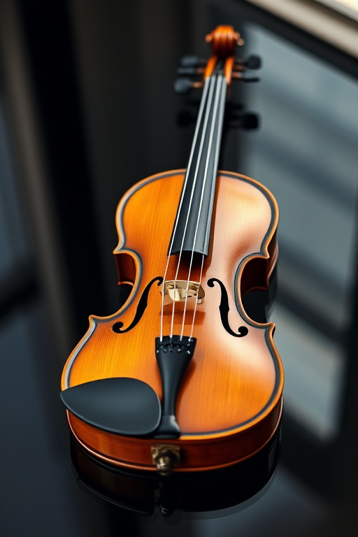 a high-resolution image of a wooden violin on a black reflective surface, shot in soft natural light, with a shallow depth of field, using a DSLR camera with a 50mm lens at f/1.8, ISO 100, shutter speed 1/125s, and centered composition
