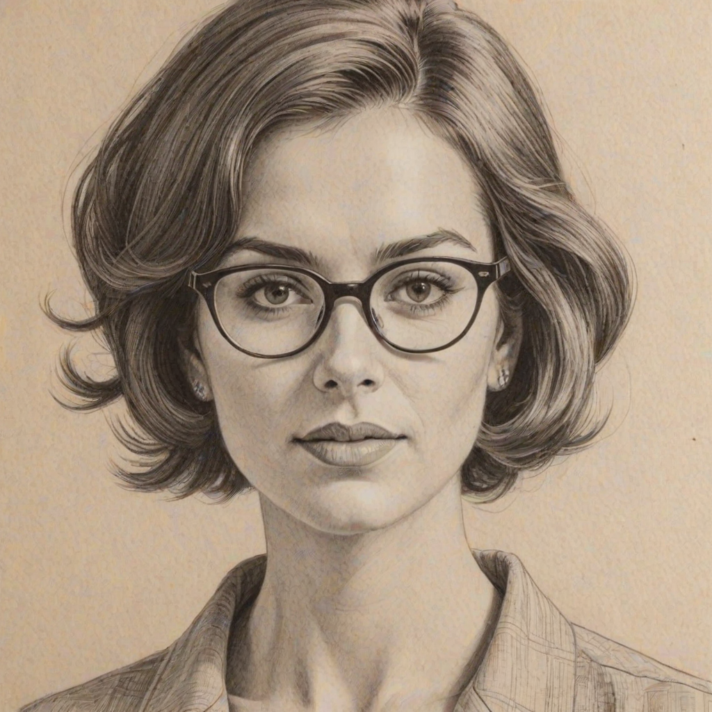 Fetching Sophie Winkleman, pencil sketch, portrait of Resplendent woman 1965s in glasses, hair style beatnik, outline, clear lines, fine lines, 8k