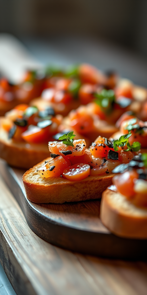 Close-up shot of gourmet bruschetta on a wooden board, shallow depth of field, natural light, f/2.8, 50mm lens, ISO 200, capture with a DSLR camera in macro style for enhanced detail and color vibrancy.