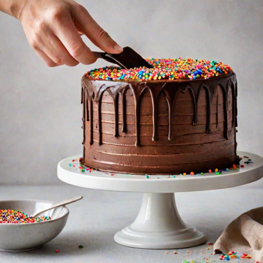 Create an image of a tall layered chocolate cake with rich chocolate frosting between the layers. The cake is being decorated with colorful sprinkles being poured from a container. The setting is bright and modern, with a light-colored background and a simple white cake stand. Include a small bowl of sprinkles nearby for added detail.
