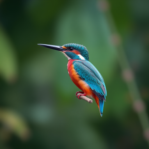 A vibrant kingfisher perched on a branch with a blurred green background, captured with a Canon EOS R5, 85mm lens, aperture f/2.8, ISO 200, shutter speed 1/250s, in soft focus style for enhanced detail and clarity.