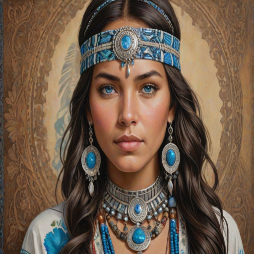 Create a portrait of a beautiful First Nations woman with striking blue eyes and a gentle expression. She is adorned in traditional attire with intricate patterns, including a richly embroidered headscarf and matching garments. Her jewelry includes a delicate headpiece, dangling earrings, and ornate bracelets, all featuring vibrant gemstones and detailed metalwork. The background is soft and warm, enhancing the rich colors of her outfit and jewelry.