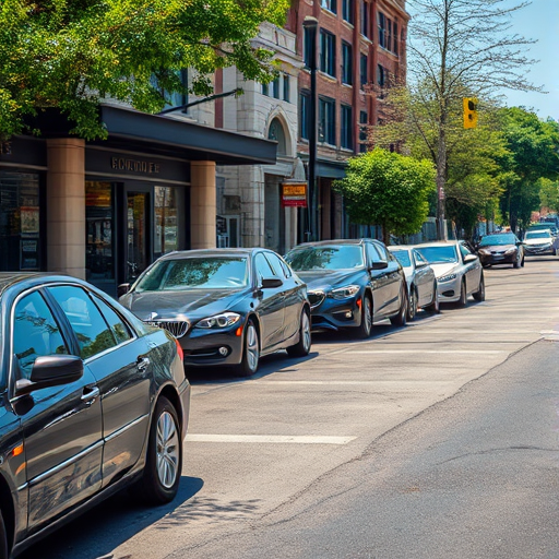 Regenerate the image of a street scene featuring parked cars and a storefront, captured with a DSLR camera using a 50mm lens at f/1.8 for shallow depth of field, ISO 200 for clarity, and a shutter speed of 1/250s, shot in bright daylight to enhance colors and details.