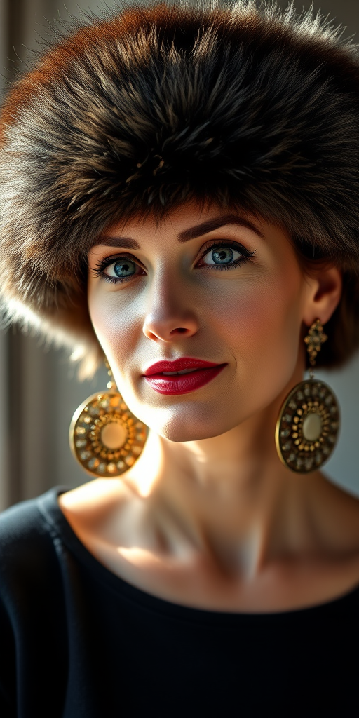 portrait of a woman wearing a fur hat and large earrings, soft focus background, natural lighting, 85mm lens, f/1.8 aperture, ISO 100, studio setup