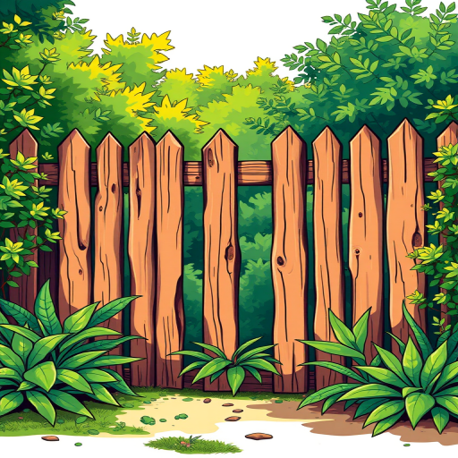 Generate a vibrant illustration of a wooden fence surrounded by lush green bushes and plants, with a focus on clarity and detail, using a digital drawing style with a 300 DPI resolution, wide-angle view, and bright color palette.