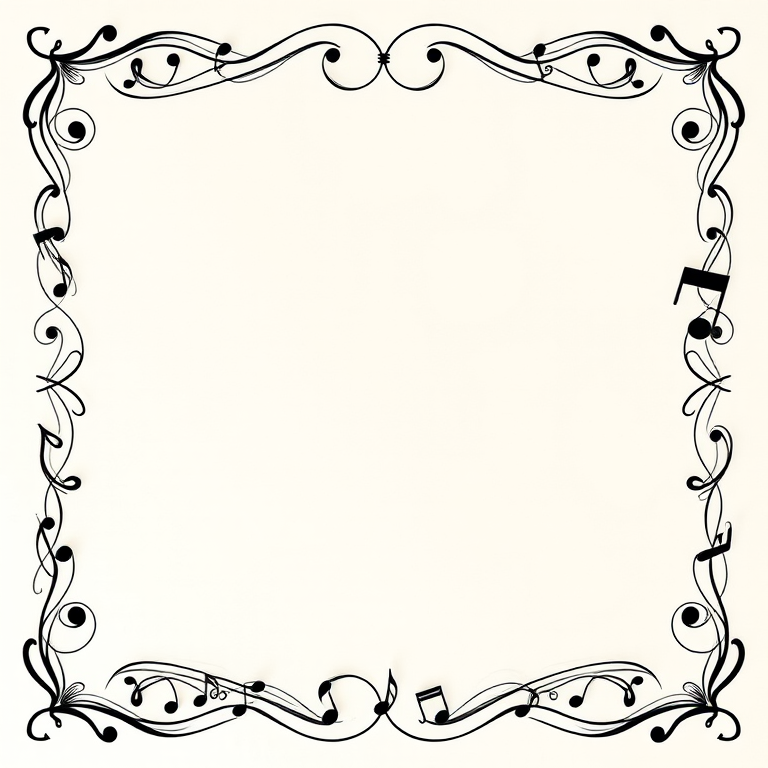 Create a high-resolution image of a decorative musical note border with intricate details, use a DSLR camera with a 50mm lens, aperture f/2.8, ISO 100, shot in landscape mode, soft lighting for enhanced contrast and clarity.