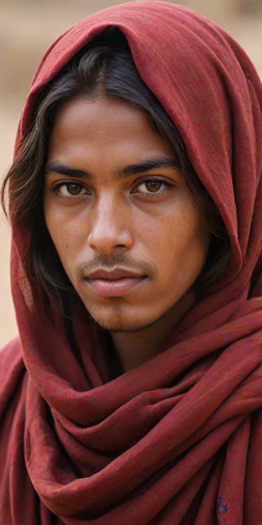 Create a portrait of a young Tuareg male with long, dark hair and captivating hazel eyes. She is wearing a red headscarf and a matching scarf draped gracefully around her neck. The background is softly blurred, focusing attention on her serene and natural expression. The overall color palette is muted and warm, enhancing the intimate and authentic feel of the portrait.
