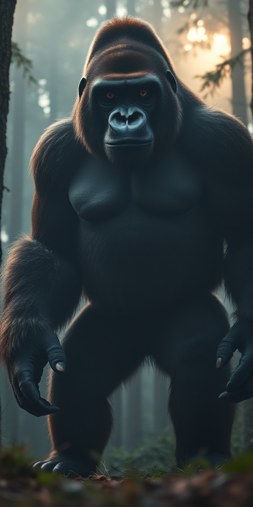 A towering, muscular gorilla-like creature standing in a misty forest, with dramatic lighting filtering through the trees, capturing intense eyes and detailed fur, shot with a Canon EOS R5, 50mm f/1.2 lens, ISO 100, f/2.8 aperture, shallow depth of field, cinematic style, wide-angle view.