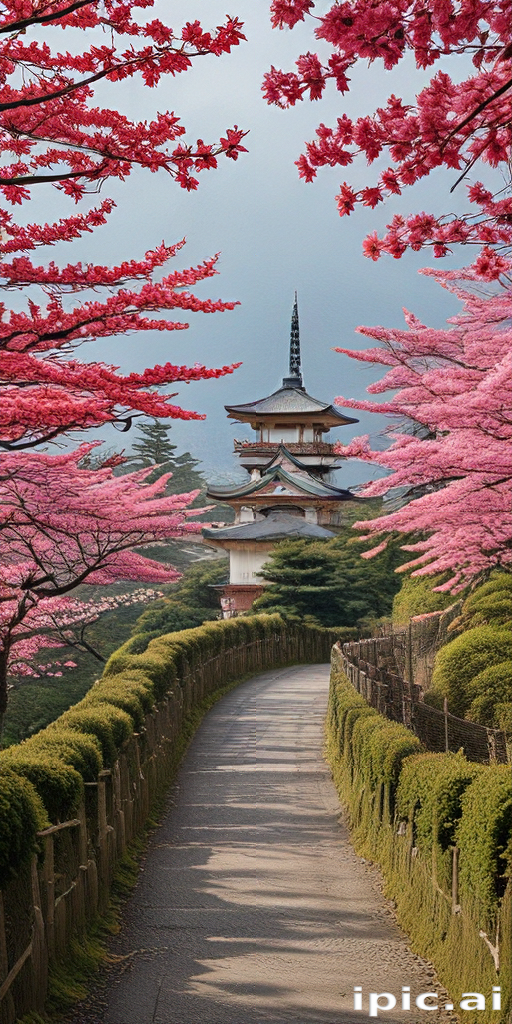 Serene Pathway Leading to a Traditional Pagoda Surrounded by Cherry ...