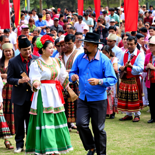 Vibrant cultural festival, with traditional dancers in colorful costumes, musicians playing lively tunes, and people enjoying various cultural activities, creating a sense of community.