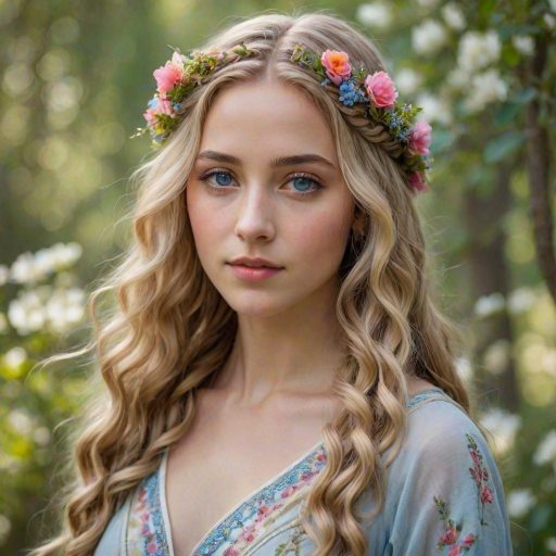 Create an image of a young Sephardic woman with long, wavy blonde hair, adorned with small, colorful flowers woven into her braids and loose strands. Her complexion is fair, with soft, glowing skin, and she has light blue eyes that gaze softly at the viewer. She wears a light, flowing dress with a gentle, ethereal quality, complementing her delicate and serene appearance. The background is slightly blurred, drawing focus to her tranquil expression and the intricate details of the flowers in her hair. The overall mood of the image is one of natural beauty and grace, evoking a sense of peacefulness and connection with nature.