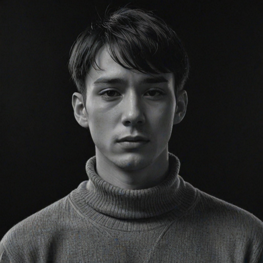 tsurime, 1boy, black background, crying, crying with eyes open, greyscale, looking down, male focus, monochrome, parted lips, portrait, shirt, short hair, simple background, solo, sweat, tears, teeth, turtleneck, turtleneck sweater