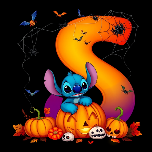 A whimsical and vibrant Halloween-themed digital illustration featuring the letter "S" adorned with spider webs, small bats, and cute spiders. At the base of the letter, a playful alien character similar to Stitch is peeking out from inside a carved pumpkin with glowing eyes, surrounded by additional pumpkins, a small skull, and autumn leaves. The letter is gradient-colored from orange to purple, adding a magical atmosphere to the scene, black background