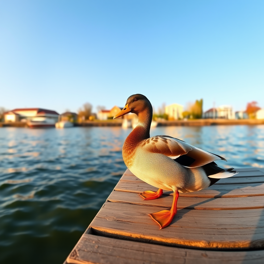 Capture a serene waterfront scene with a duck resting on a pier, soft morning light, lens aperture f/8, shutter speed 1/200 sec, ISO 100, wide-angle view, DSLR camera, vibrant colors and sharp details.