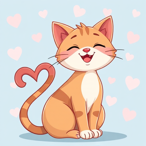 create a digital illustration of a cheerful cartoon cat with a heart-shaped tail, sitting against a soft blue background with pastel-colored hearts, using a digital painting technique, simulated 50mm lens, f/4 aperture, high-resolution settings