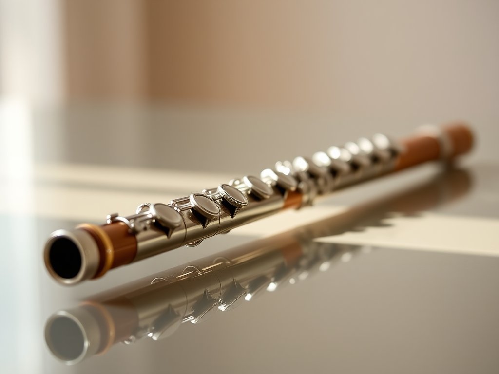 Create a high-resolution image of a flute lying horizontally on a reflective surface with soft, diffused lighting, using a DSLR camera at f/4 aperture, 1/125 shutter speed, ISO 200, 50mm lens, shallow depth of field for a blurred background.