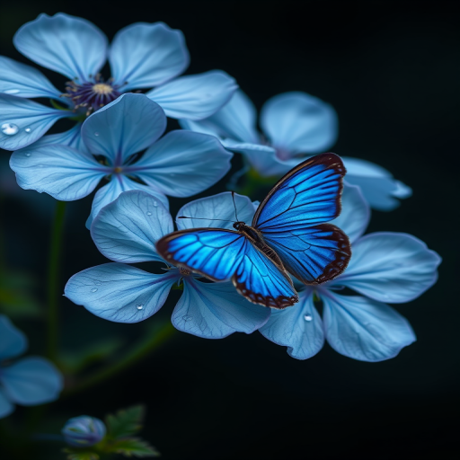 Create an image of delicate blue flowers with intricate petals and a few water droplets on them. Include a vibrant blue butterfly gracefully perched on one of the flowers, set against a dark, softly blurred background that enhances the colors and details of the flowers and butterfly.