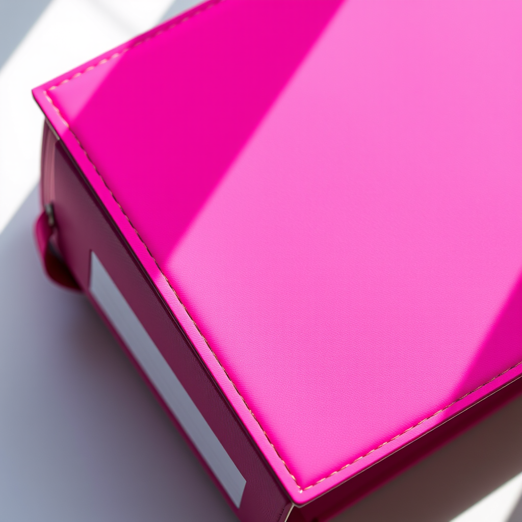 Create a high-resolution image of a vibrant pink binder with a glossy finish, captured in natural light using a DSLR camera with a 50mm lens at f/2.8, ISO 100, 1/250 sec shutter speed, shot from a top-down perspective to emphasize the binder's texture and color saturation.