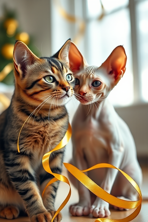 Close-up of two cats, one tabby and one sphynx, playfully interacting with festive golden ribbons in a bright indoor setting, shot with a Canon EOS R5, 50mm lens, f/1.8 aperture, ISO 200, and shallow depth of field to enhance focus on the cats.