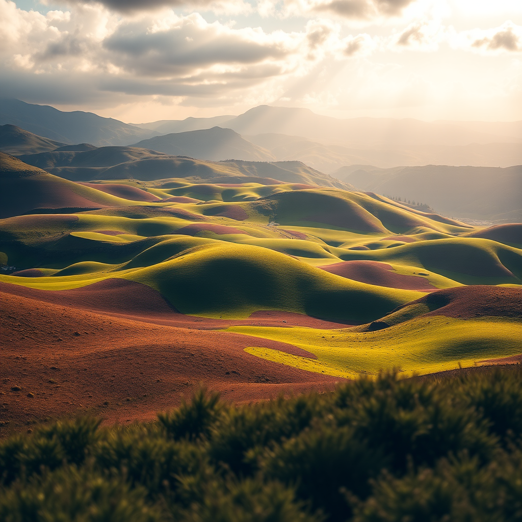 Generate a high-resolution landscape image of rolling hills and mountains under dramatic lighting, with a focus on vibrant green and brown patches, using a DSLR camera with a 24mm lens, aperture set to f/11, ISO 100, and a polarizing filter, shot from a low angle to emphasize the foreground.