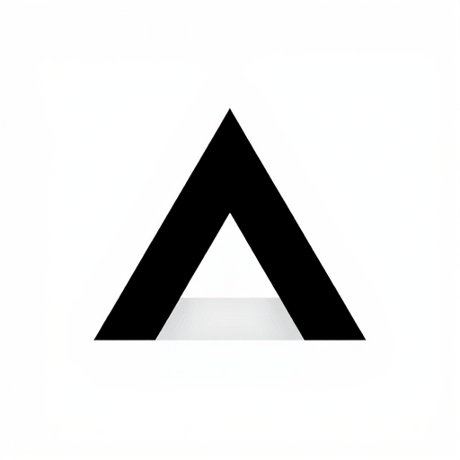 Create a high-contrast monochromatic illustration of a triangular arrow symbol, using a DSLR camera with a focal length of 50mm, aperture set at f/5.6, ISO 100, and shot from a top-down view to enhance clarity and sharpness.