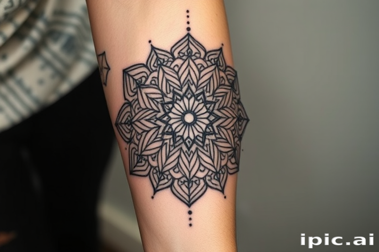 Intricate blackwork mandala tattoo featuring geometric patterns and dotwork shading, adorning the forearm with delicate lines and symmetrical shapes, creating a mesmerizing optical illusion effect