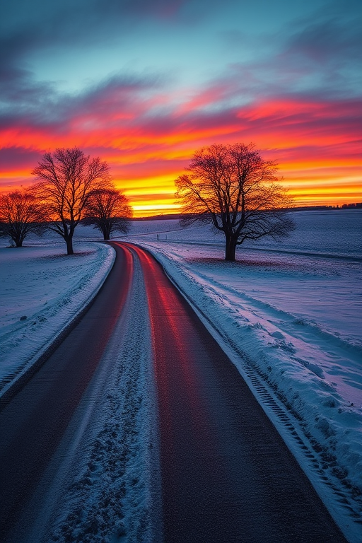 a serene winter landscape featuring a winding road through snowy fields with sparse trees silhouetted against a vibrant sunset sky, captured with a DSLR camera using a 24mm lens, f/8 aperture, 1/125 sec shutter speed, ISO 200, in landscape orientation with a high dynamic range setting