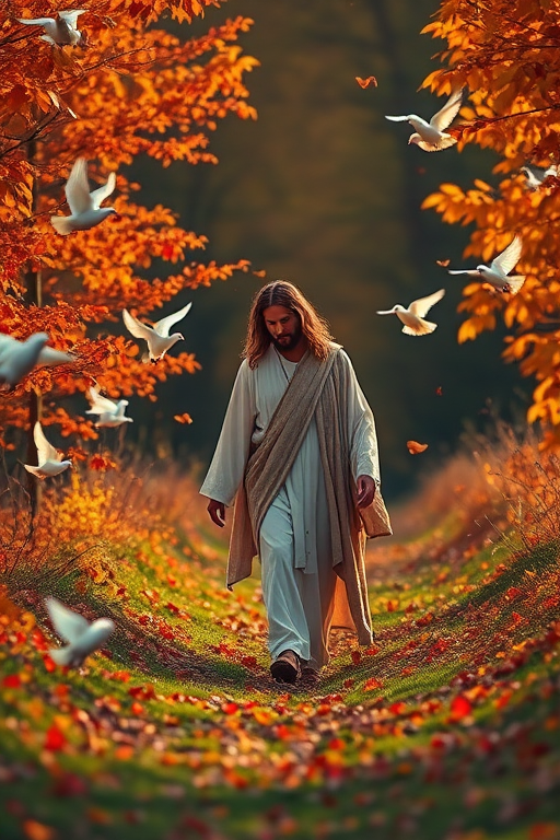 Create an ethereal scene of a figure resembling Jesus walking through a vibrant autumn landscape with falling leaves and white doves, using a DSLR camera with a 50mm lens, f/1.8 aperture, ISO 100, soft focus, and golden hour lighting to enhance the warm colors and details.