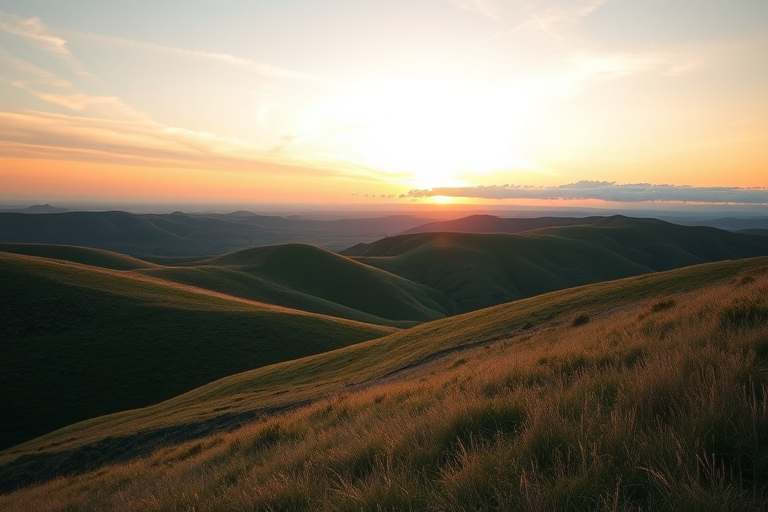 Create a high-resolution image of a serene landscape featuring rolling hills and a sunset sky, captured with a DSLR camera at a focal length of 50mm, aperture set to f/8, ISO 100, and a wide view perspective.