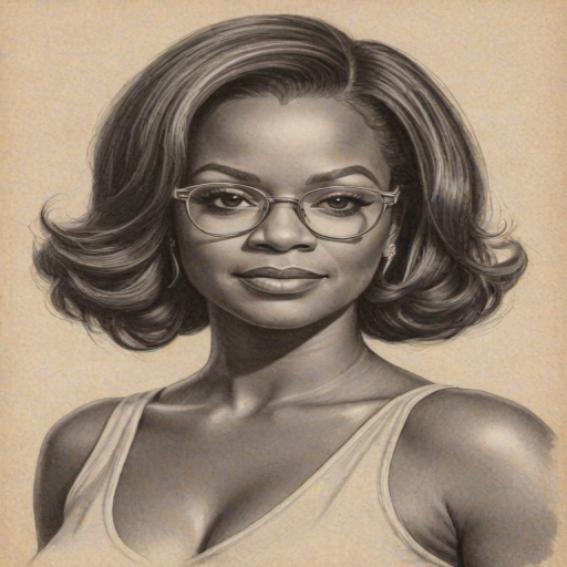 Fascinating Kandi Burruss, pencil sketch, portrait of Lovely woman 1934s in glasses, hair style beatnik, outline, clear lines, fine lines, 8k