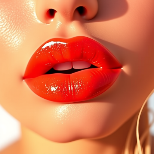 Vibrant coral sunset lips with a glossy finish, featuring "Tropical Breeze" style, showcasing a bold ombre effect and subtle golden shimmer for a radiant, sun-kissed appearance