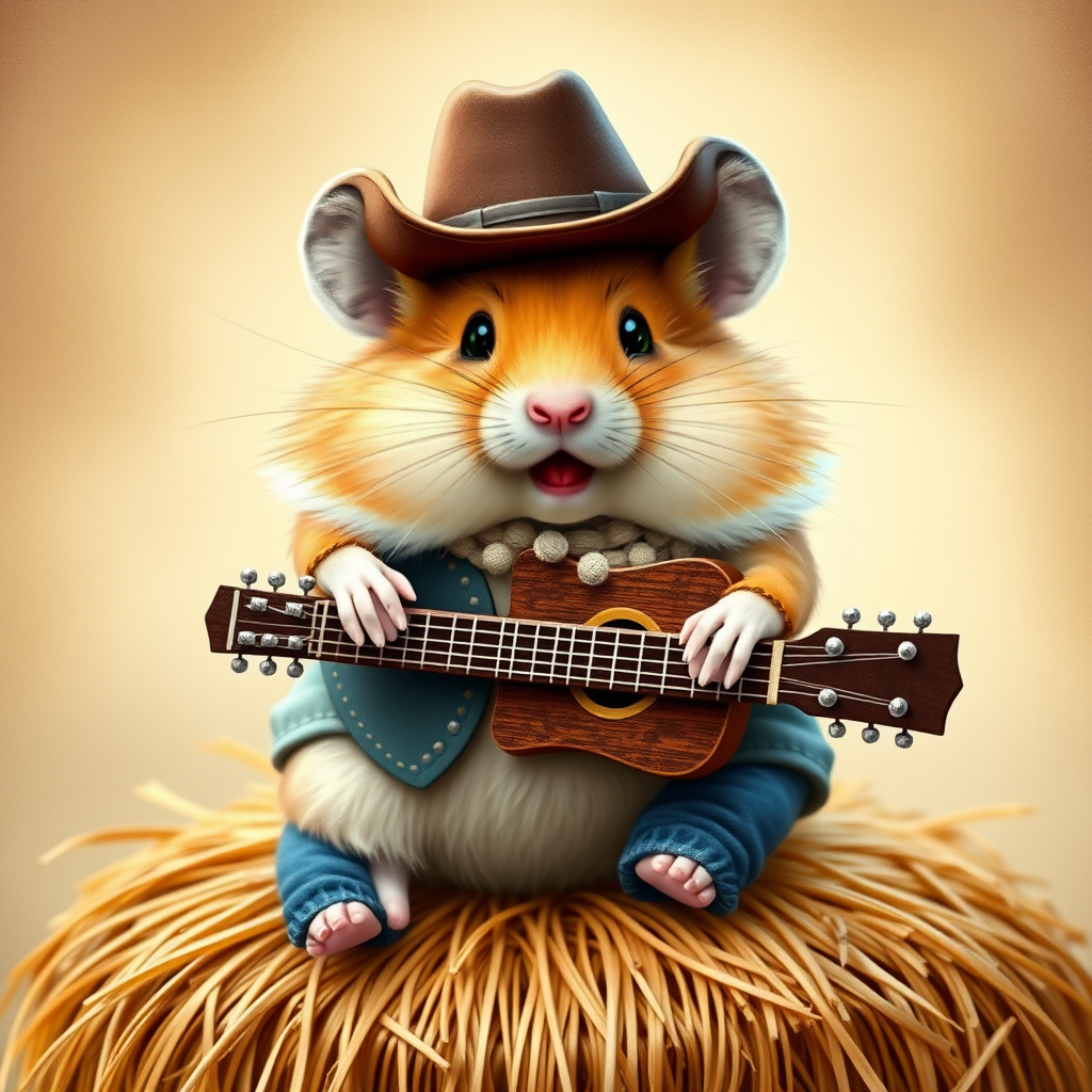 A chibi hamster, dressed as a cowboy, playing guitar, sitting on a hay bale