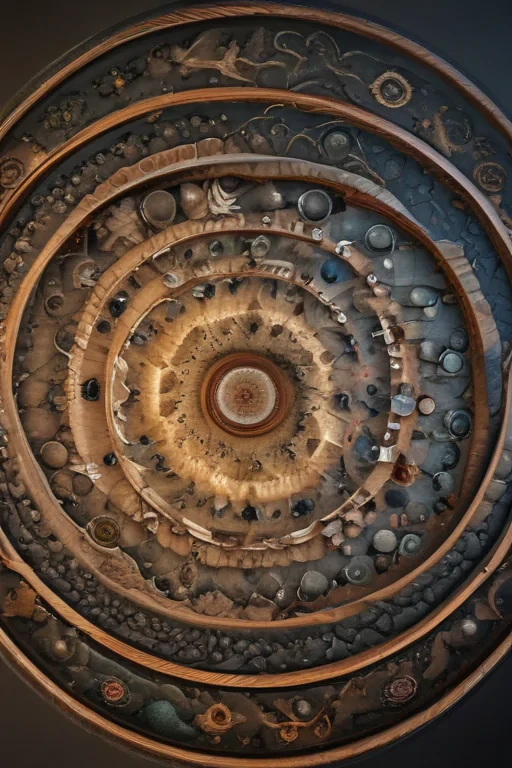 Intricate Spiral Design Featuring Natural Elements and Artifacts in Harmony