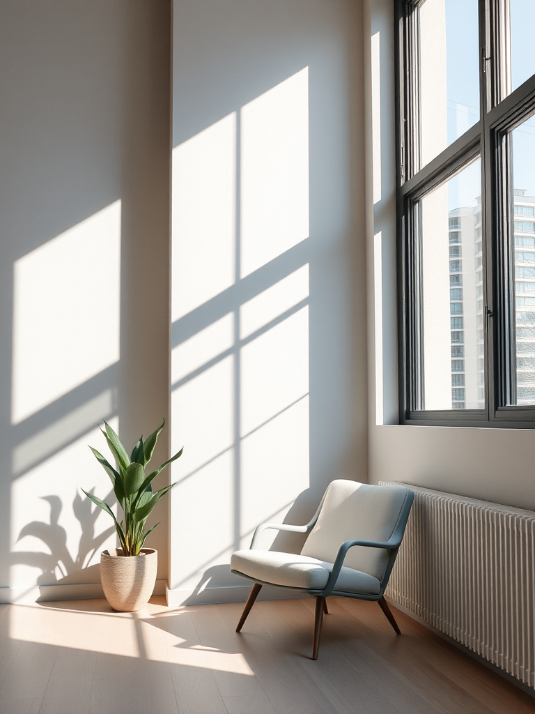 modern minimalist interior design with a neutral color palette, large windows casting shadows, a sleek chair and a potted plant, soft natural lighting, camera settings: f/4, ISO 100, 1/60 sec, camera view: wide angle, camera style: contemporary, camera type: DSLR